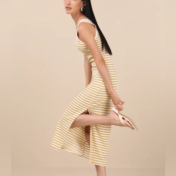 Lulus Edeva Yellow & Ivory Striped Knit Midi Dress NWT - Picture 5 of 5